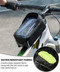 Waterproof Front Frame Bike Bag for Phone Under 7 Inches on bike with rain