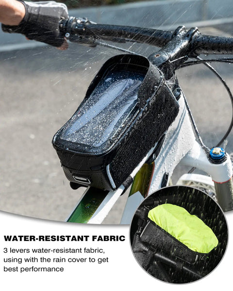 Waterproof Front Frame Bike Bag for Phone Under 7 Inches on bike with rain