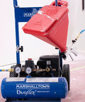 SprayMate Drywall Hopper Gun Texture Sprayer With Seven Orifice Sizes for Effortless Wall Texture, attached to blue compressor