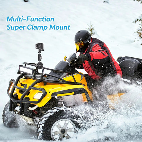 Heavy Duty Clamp Mount With 360 Degree Ballhead on ATV in snow, supporting camera, multi-function use.
