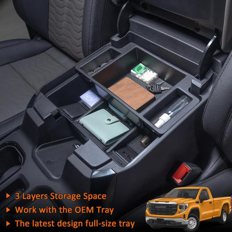Full Size Console Tray With 2-Layer Storage For 2022-2026 Silverado Sierra 1500 And 2024-2026 2500HD/3500HD in use with items