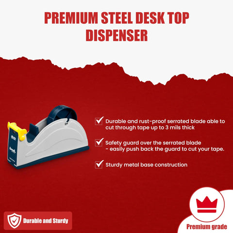 Rugged Pro-Grade Industrial Steel Desktop Tape Dispenser For One Inch Tape Up To Three Inches Wide With A Three Inch Core And Five Inch Outer Roll Capacity, Rust Resistant And Heavy-Duty For Office Or Shop with serrated blade and safety guard.