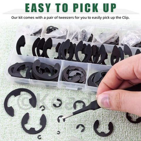 211 Piece E Clip Assortment Kit With 14 Sizes External Retaining Rings Alloy Steel Snap Ring Set Includes Tweezers And Handy Storage M1.5 To M22 For Automotive And Machinery Projects displayed with tweezers and storage case