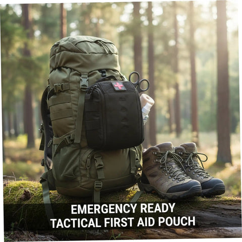 Compact Empty First Aid Pouch For Outdoor Adventures With MOLLE Webbing Black attached to backpack in forest