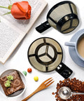 Gold Tone Reusable Coffee Filter Basket For Hamilton 2 Way Brewer Coffee Makers Models 49980A 49980Z 47650 49933 set on a table
