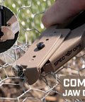 Auto Feed Hog Ring Plier 16-Gauge with spring loaded magazine, compact jaw for fencing installation use, close-up view.