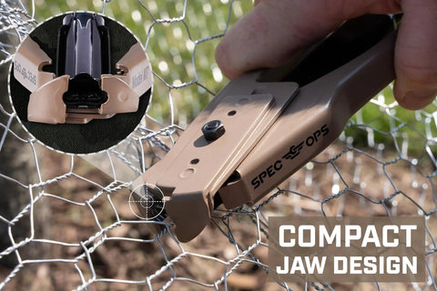Auto Feed Hog Ring Plier 16-Gauge with spring loaded magazine, compact jaw for fencing installation use, close-up view.