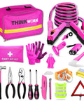 Pink Car Emergency Kit For Women And Teens, Roadside Help Essentials with pink tool set, 10ft jumper cables, first aid kit