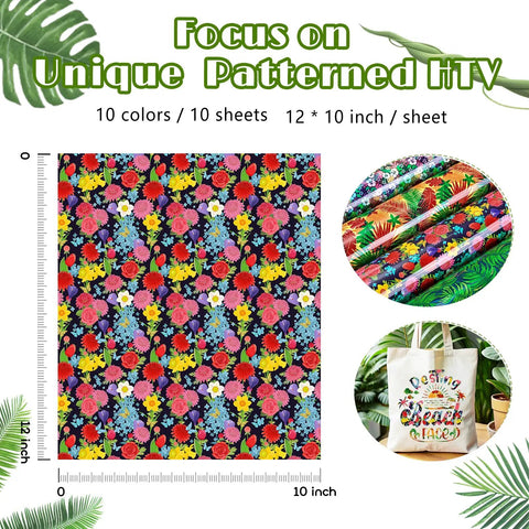 Dope Tropical Leaves Heat Transfer Vinyl Set With 10 Sheets 10x12 Inches Multicolor Pineapple Hawaiian Floral Pattern HTV