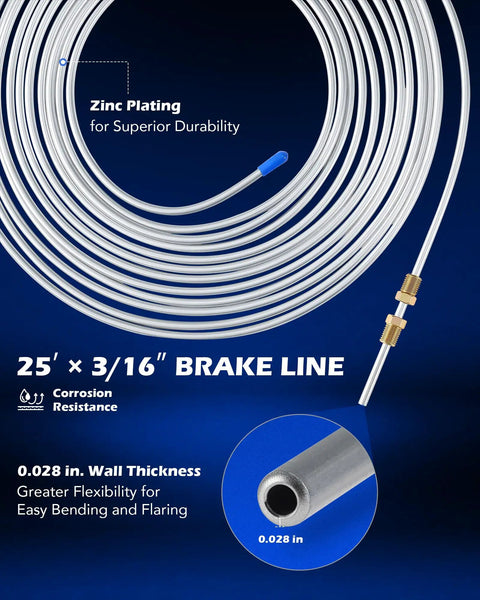 Ditch The Guesswork With A Pro Grade Three Sixteenth Inch Brake Line Flaring Kit includes 25 feet brake line with zinc plating