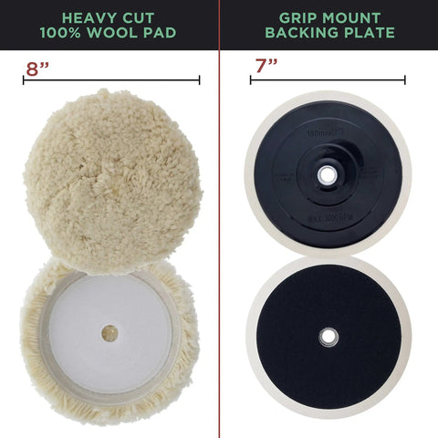 Pro Buffing and Polishing Kit for Car Detailing, wool pad with backing plate, 8-inch pad, 5/8 inch threaded, heavy cut wool pad