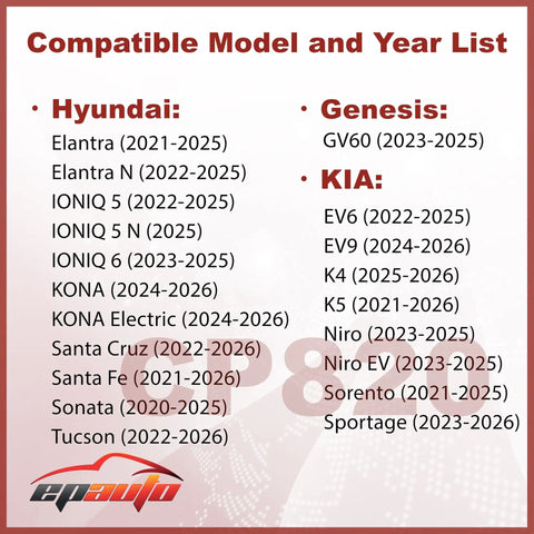 Compatibility list for air filter replacement: Hyundai Elantra, Tucson, Santa Fe, Genesis GV60, Kia Sportage, 2020-2026 models.