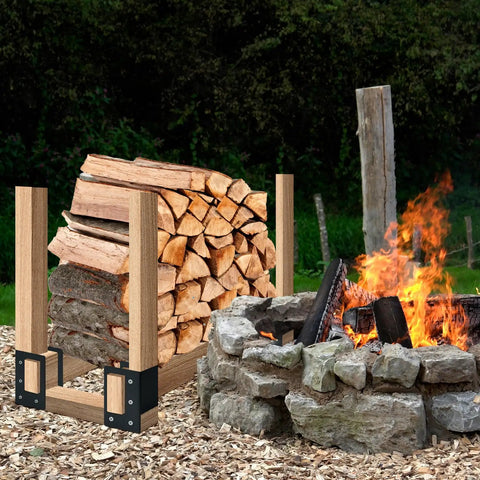 Firewood Log Storage Rack Bracket 4 Pack for Indoor and Outdoor Use holding cut logs next to stone fire pit outdoors