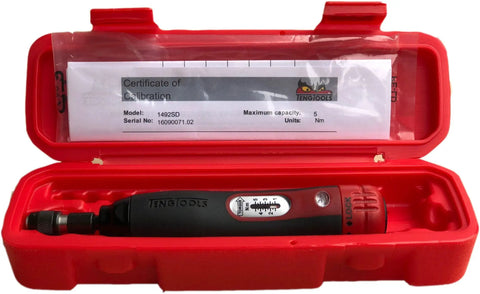 Pro Grade Quarter Inch Drive Torque Screwdriver Certified For Ten To Fifty Inch Pound Range, in red case, calibration certificate