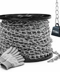 Heavy Duty Steel Hanging Chain 130 Ft Long 2 mm Thick For Outdoor Use Garden And Camping Utility Chain, spool and gloves visible