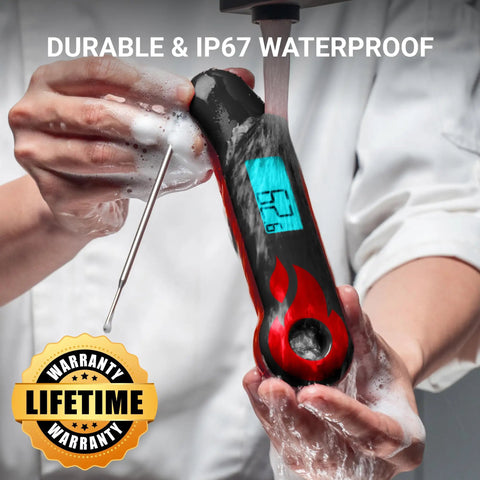 Instant Read Meat Thermometer With 0.5 Second Fast Reading, NIST Certified Accuracy 0.5F, IP67 Waterproof, displays durability