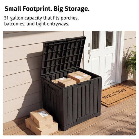 31 Gallon Outdoor Storage Box Waterproof UV Resistant Resin Bin For Patio Cushions Garden Tools Pool Accessories And Packages Lockable Wind Resistant Lid Steel Reinforced Heavy Duty Black shown on porch with packages inside.