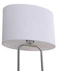 Duet Floor Lamp In Brushed Steel Finish For Modern Home Lighting 58 Inch Tall Arch Lamp With 16 Inch Wide Base And 10 Inch Extension 3 Way Bulb Ready Lit Contemporary Art Deco Style, showing a close-up of its white lampshade and curved steel frame from a side angle.