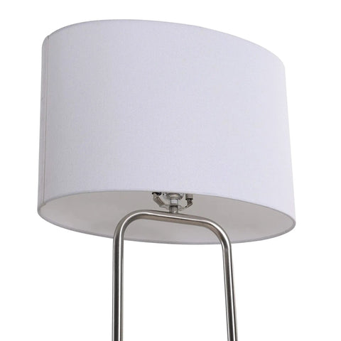 Duet Floor Lamp In Brushed Steel Finish For Modern Home Lighting 58 Inch Tall Arch Lamp With 16 Inch Wide Base And 10 Inch Extension 3 Way Bulb Ready Lit Contemporary Art Deco Style, showing a close-up of its white lampshade and curved steel frame from a side angle.