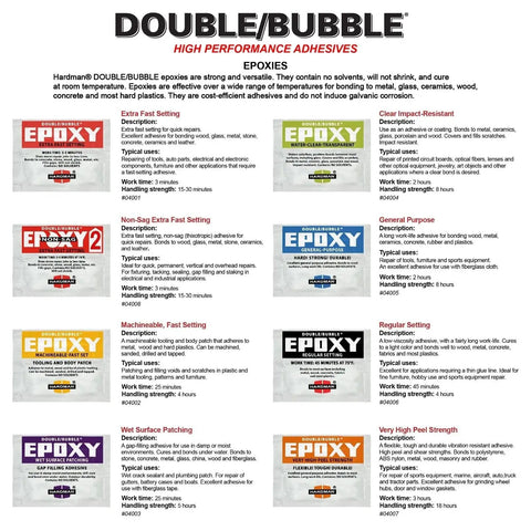 Display of Double Bubble High Performance Adhesives with various epoxy products, including Double Bubble Orange High Peel Strength Epoxy.