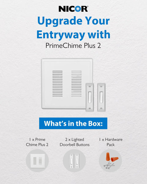 PrimeChime Plus 2 Electric Doorbell Kit For Home, includes wired system, dual lighted buttons, and hardware pack