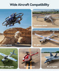 Wide Aircraft Compatibility showcasing various drones including FPV racing drone, multirotor drone, and RC glider.