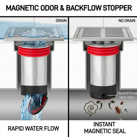 Heavy Duty 2 Inch Shower Floor Drain Stopper With Magnetic Backflow Preventer And Flexible Silicone Seals showing water flow and magnetic seal.