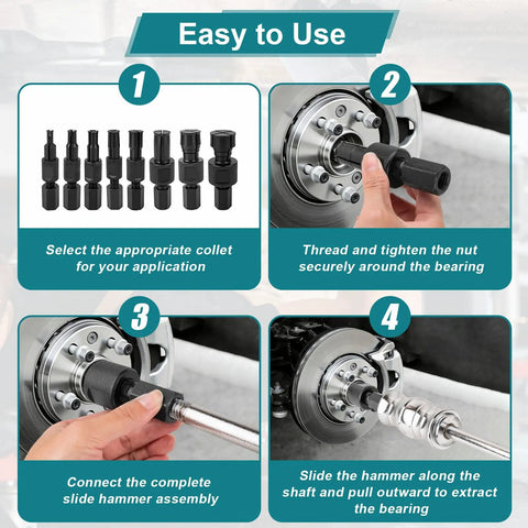 Tough-As-Nails 9-Piece Heavy-Duty Slide Hammer Puller Set with Versatile 8-32MM Expandable Collets showing installation steps