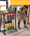 Heavy Duty 8 Rod Wire Spool Rack With Easy Glide Locking Casters And Solid As A Rock 400 Lb Capacity Adjustable Stainless Steel Cable Dispenser Mobile Cart in use, showing adjustable rods with colored spools.