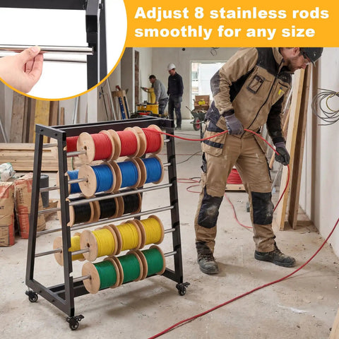Heavy Duty 8 Rod Wire Spool Rack With Easy Glide Locking Casters And Solid As A Rock 400 Lb Capacity Adjustable Stainless Steel Cable Dispenser Mobile Cart in use, showing adjustable rods with colored spools.