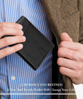 Grab This Slick Slim Bifold Wallet For Men Premium Leather Rfid Blocking Card Holder With Dual Id Windows And Easy Grip Slots Ultra Thin Back Pocket Friendly Everyday Carry Essentials Gift Box Included in hand inside blazer.