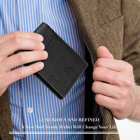 Grab This Slick Slim Bifold Wallet For Men Premium Leather Rfid Blocking Card Holder With Dual Id Windows And Easy Grip Slots Ultra Thin Back Pocket Friendly Everyday Carry Essentials Gift Box Included in hand inside blazer.