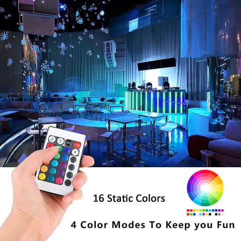 24 Key Wireless RGB LED Strip Remote Controller Replacement Handheld with color presets and dimming in vibrant room setting