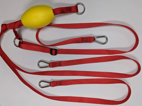3 Point Dinghy Towing Bridle With Adjustable Middle Leg For Even Pull, 3800 Lb Test, 1 In Red Nylon Webbing, Stainless Steel Hardware, Yellow Float, Made In USA visible from above.