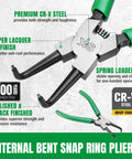 Internal bent snap ring pliers made of premium CR-V steel with rust-resistant finish and spring-loaded for easy use.