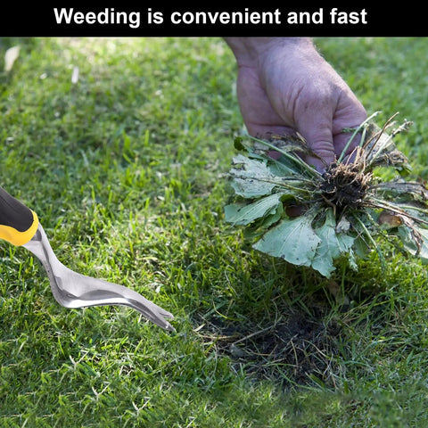 Gardener using Durable 11.4 Inch Weed Puller Tool for easy hand weeding in garden, aluminum alloy rust-resistant body, bright yellow handle
