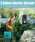 Person using Battery Powered Garden Sprayer With USB Rechargeable Handle in garden, spraying plants with adjustable shoulder strap.