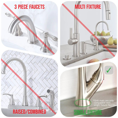 Incorrect faucet types for silicone faucet handle drip catcher tray mat; correct single fixture type highlighted in green.