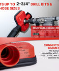 2-In-1 Vacuum Dust Collection Attachment For Drilling And Drywall Cutting, highlighting removable brush ring and four hose sizes.
