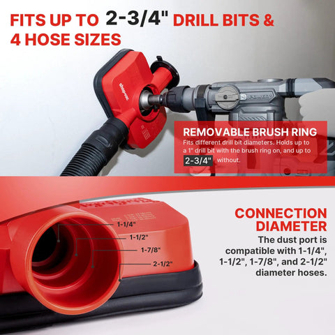 2-In-1 Vacuum Dust Collection Attachment For Drilling And Drywall Cutting, highlighting removable brush ring and four hose sizes.