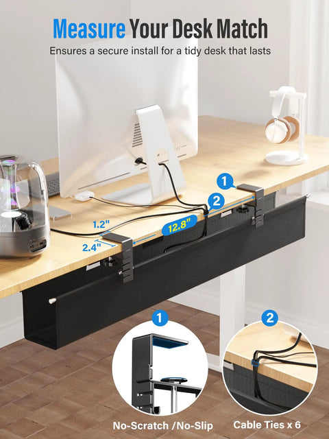 Installed view of the Upgraded No Drill Under Desk Cable Management Tray with Fabric Cord Hider on a wooden desk.