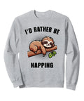 Grey I'd Rather Be Napping Sweatshirt featuring a sloth design, ideal for lazy days and cozy nights, perfect gift for sloth lovers.