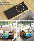 Auto Draining Sponge Holder For Kitchen Sink With Detachable Rack And High Brush Holder, shown installed and detached, black.