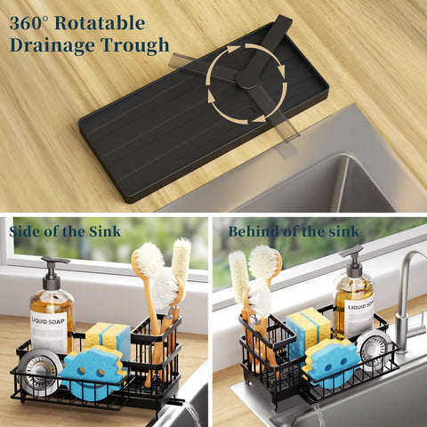 Auto Draining Sponge Holder For Kitchen Sink With Detachable Rack And High Brush Holder, shown installed and detached, black.