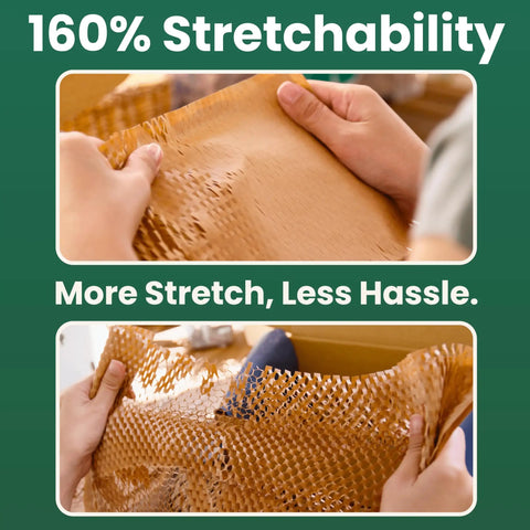 Hands stretching 12 Inch By 150 Foot Honeycomb Packing Paper Roll For Moving And Shipping, Expandable Kraft Cushion Wrap For Small Business Packaging
