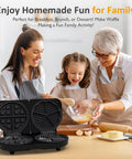 Family using Dual Waffle Maker With Heart And Classic Plates, 2 Adjustable Temperature Knobs, Nonstick Surface for breakfast