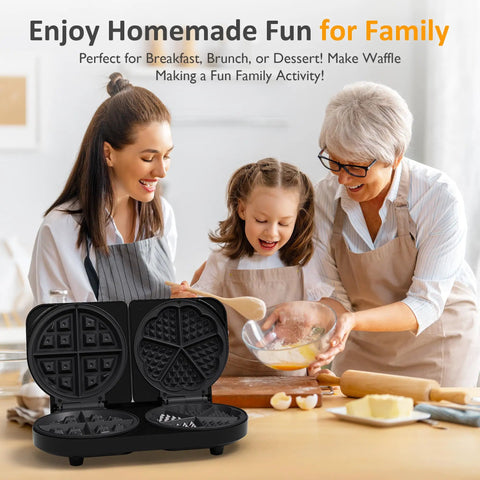 Family using Dual Waffle Maker With Heart And Classic Plates, 2 Adjustable Temperature Knobs, Nonstick Surface for breakfast