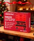 Half Inch Drive Socket Set 25-Piece SAE And Metric Impact Sockets With Ratchet Wrench And Storage Box on a workbench