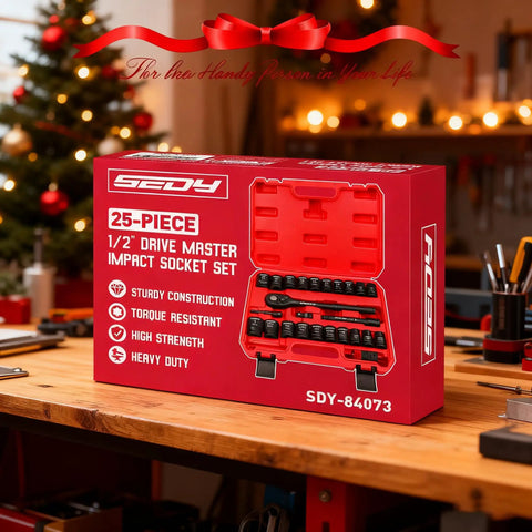 Half Inch Drive Socket Set 25-Piece SAE And Metric Impact Sockets With Ratchet Wrench And Storage Box on a workbench