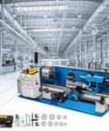 Badass Precision Bench Top Mini Metal Lathe 7X14 Inch, blue cast iron design, includes built-in light and tools for machining.